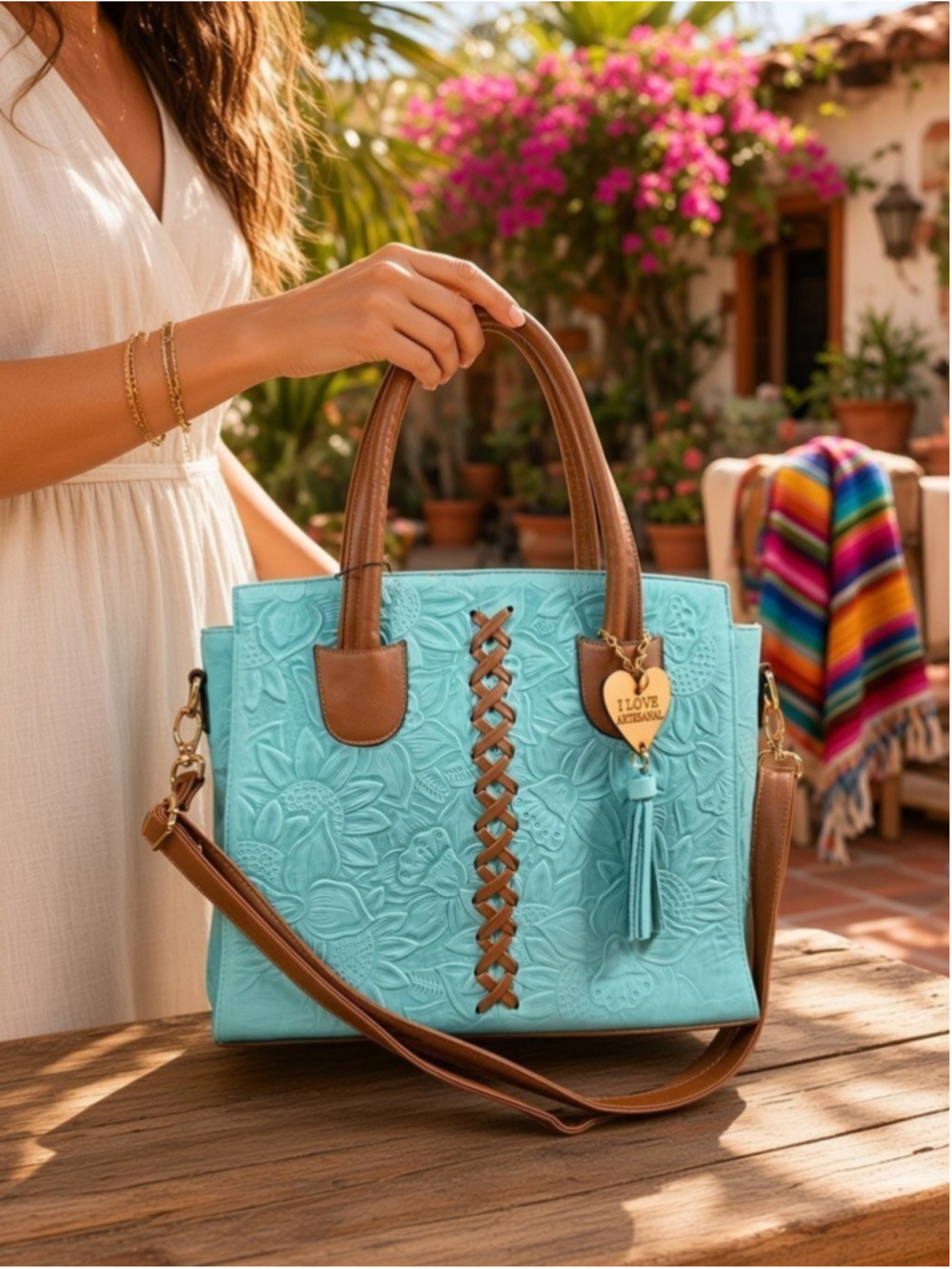 Rustic Turquoise Aqua Cross Stitch Embossed Artisan LEATHER Purse Handbag Bag